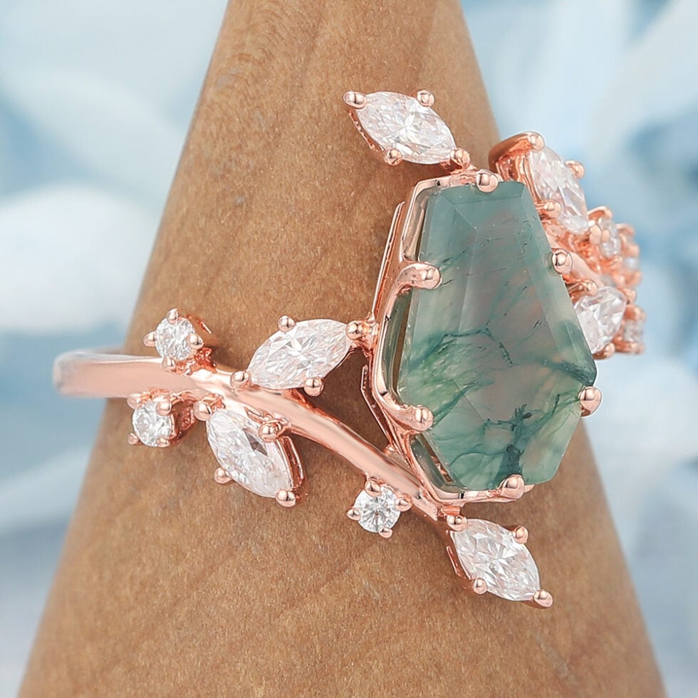 Coffin Shaped Moss Agate Engagement Ring Natural-Inspired Bypass Band