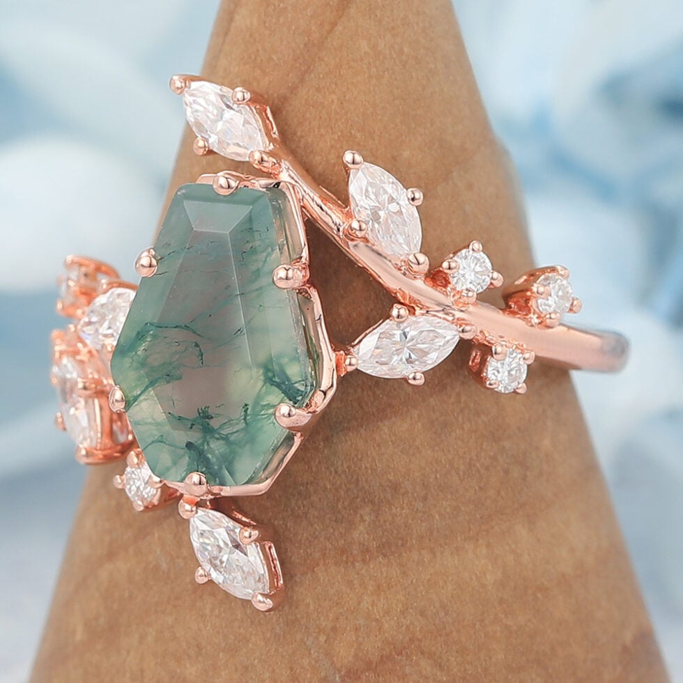 Coffin Shaped Moss Agate Engagement Ring Natural-Inspired Bypass Band