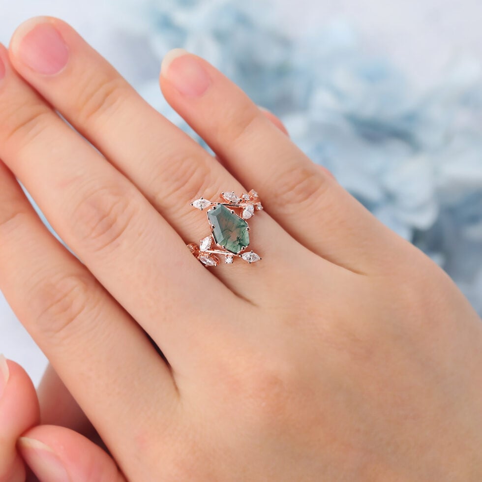 Coffin Shaped Moss Agate Engagement Ring Natural-Inspired Bypass Band