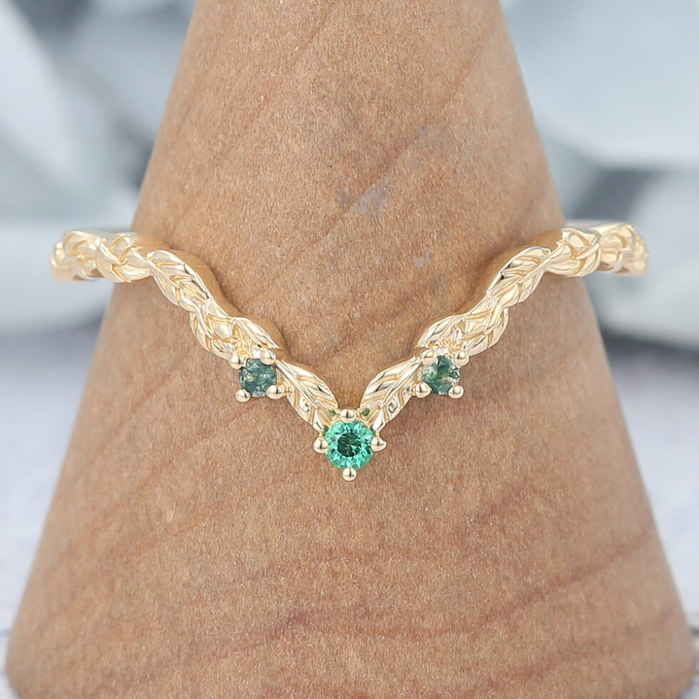 Emerald & Moss Agate Nature Inspired Curved Wedding Band
