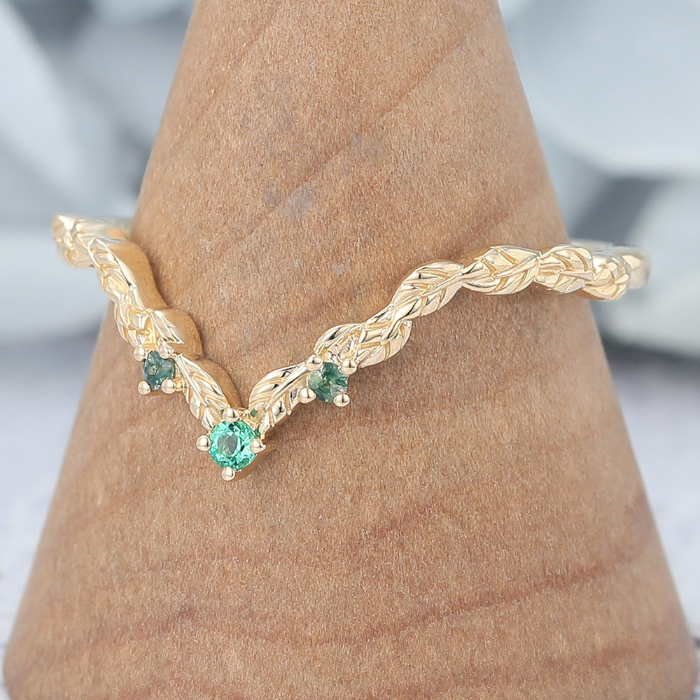 Curved Wedding Band with Lab Emerald & Moss Agate Accents (2) Curved Wedding Band with Lab Emerald & Moss Agate Accents (2)