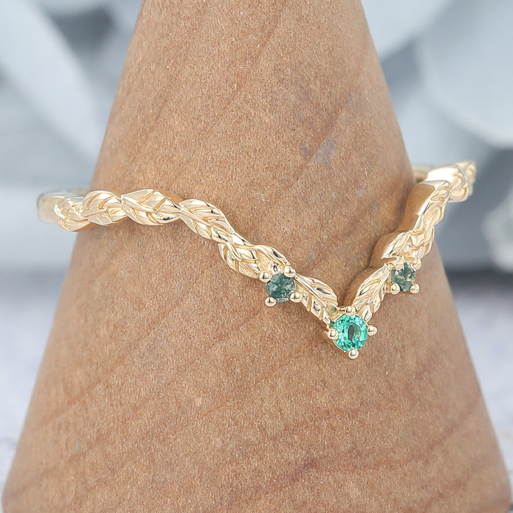 Curved Wedding Band with Lab Emerald & Moss Agate Accents (3) Curved Wedding Band with Lab Emerald & Moss Agate Accents (3)