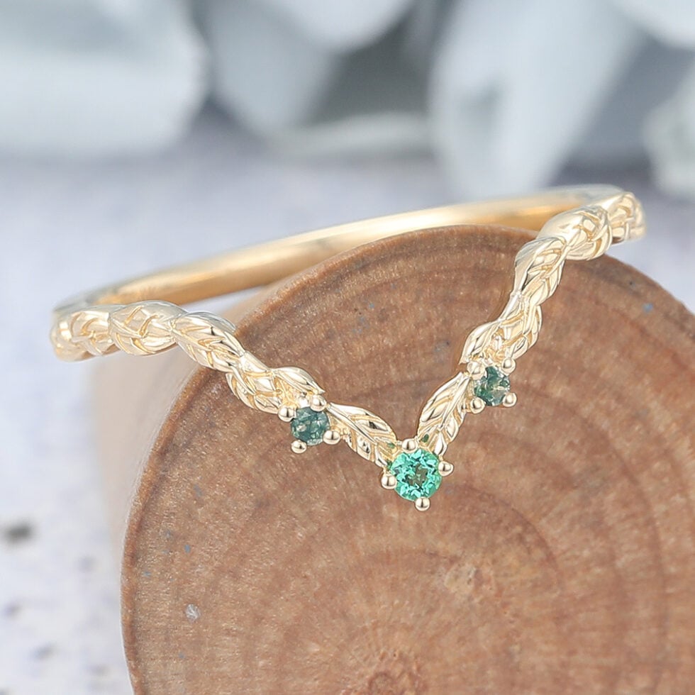 Emerald & Moss Agate Nature Inspired Curved Wedding Band