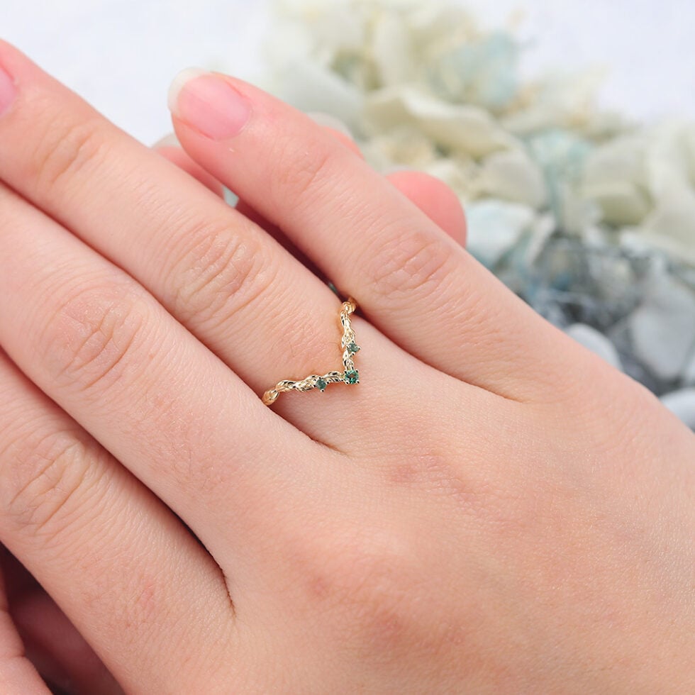 Emerald & Moss Agate Nature Inspired Curved Wedding Band