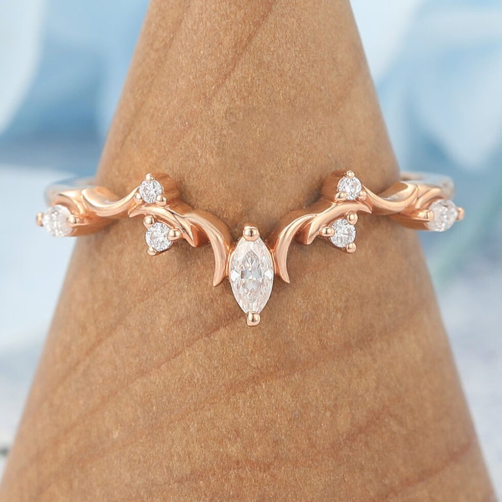 Moissanite Curved Wedding Band with Crescent Moons