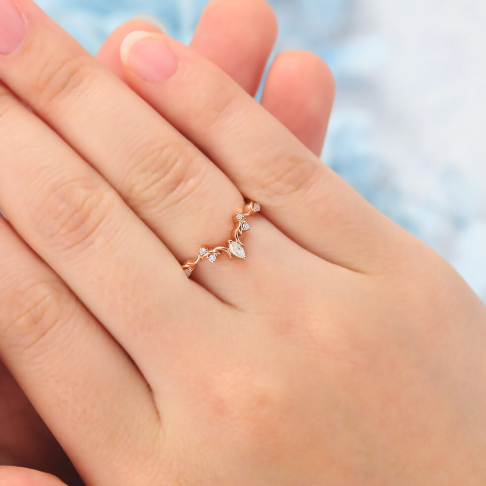 Moissanite Curved Wedding Band with Crescent Moons