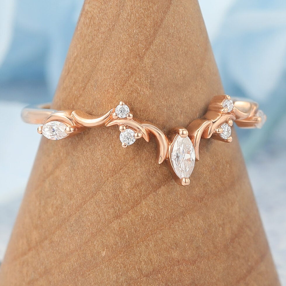 Moissanite Curved Wedding Band with Crescent Moons