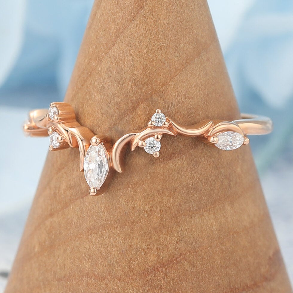 Moissanite Curved Wedding Band with Crescent Moons