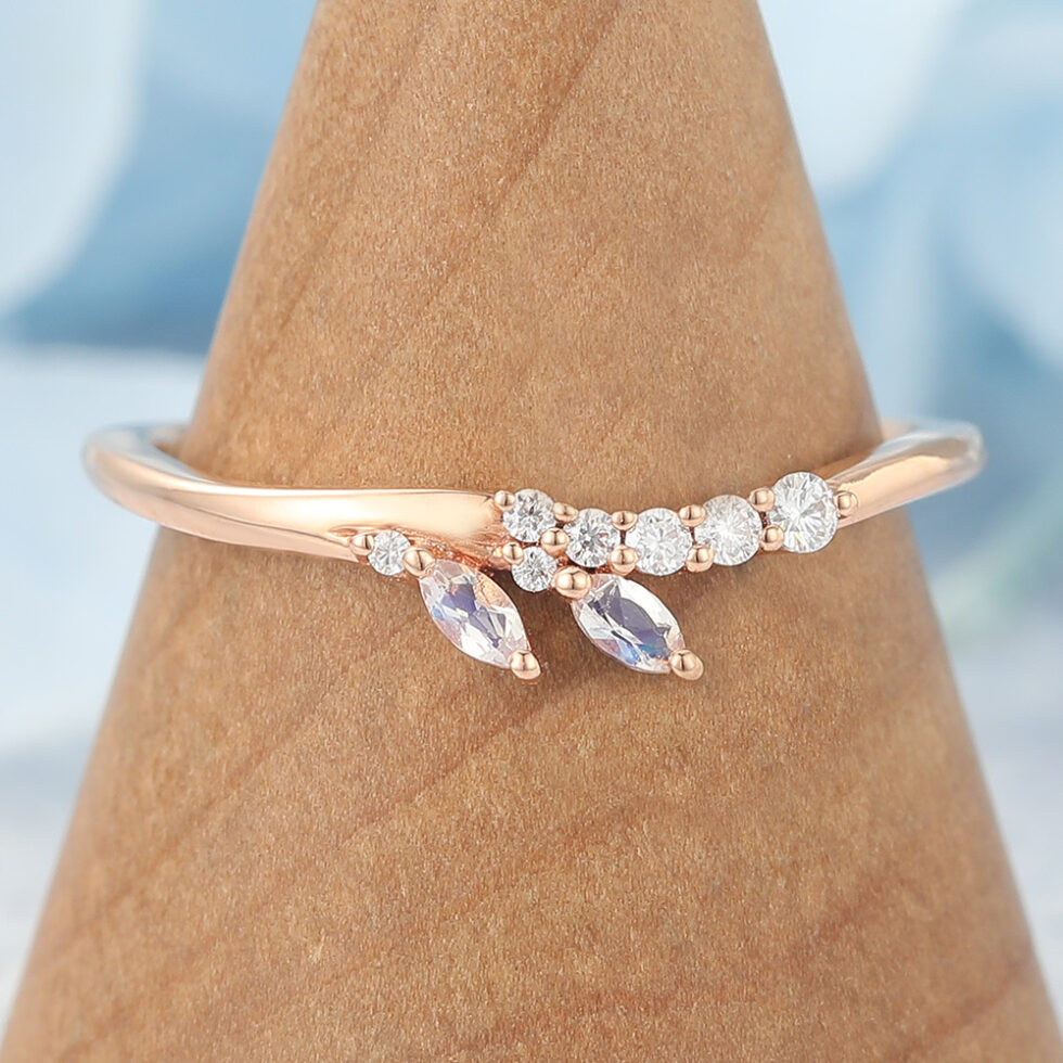 Curved Wedding Band with Marquise Moonstone Accents