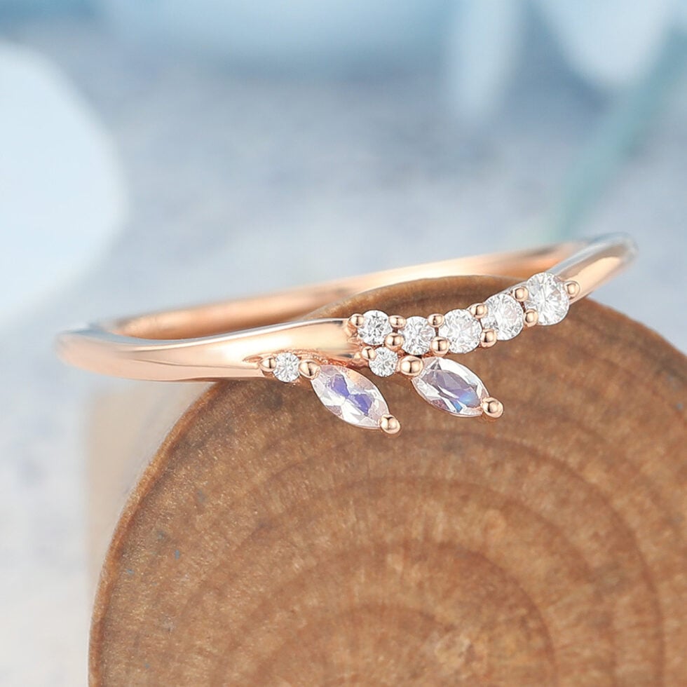 Curved Wedding Band with Marquise Moonstone Accents
