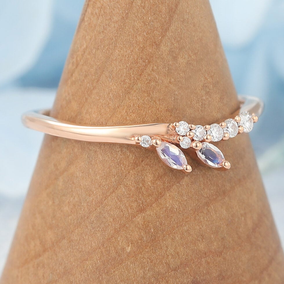 Curved Wedding Band with Marquise Moonstone Accents