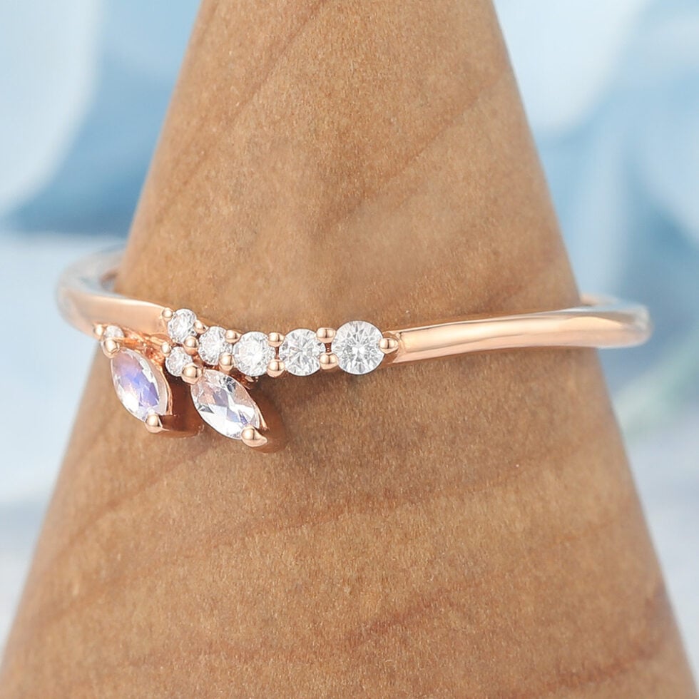 Curved Wedding Band with Marquise Moonstone Accents