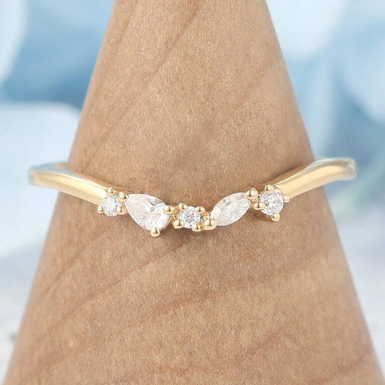 Curved Wedding Band with Multi-Shaped Moissanite Cluster