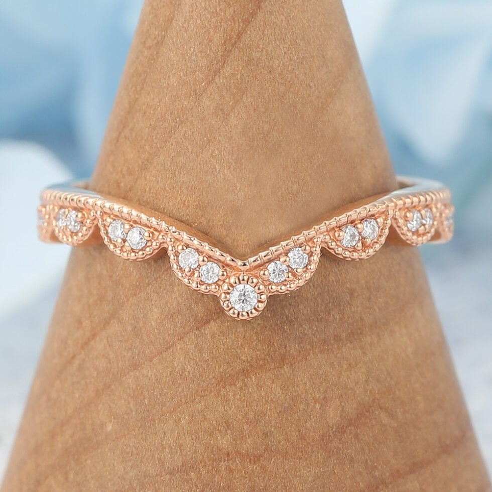 Moissanite Curved Wedding Band with Beaded Edges