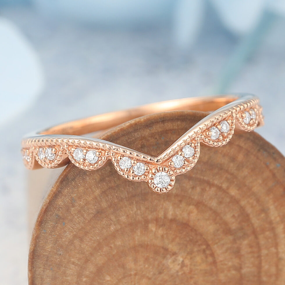 Moissanite Curved Wedding Band with Beaded Edges