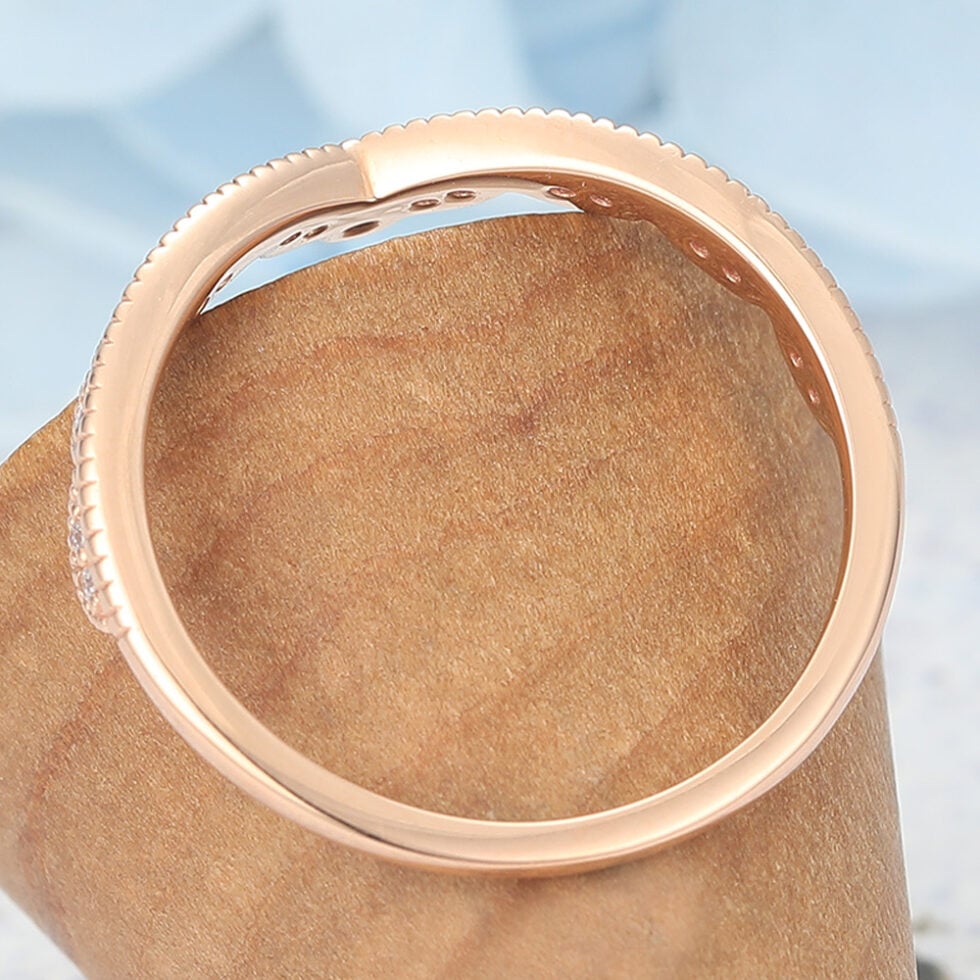 Moissanite Curved Wedding Band with Beaded Edges