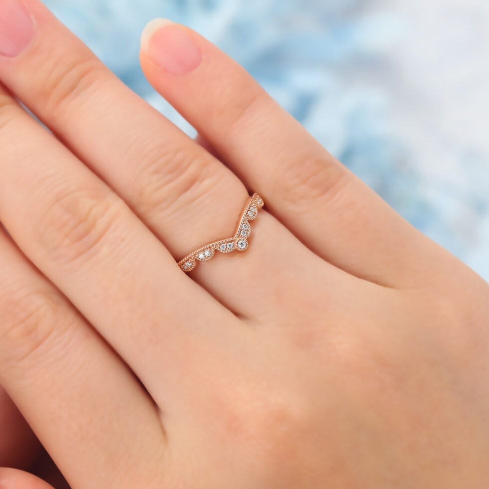 Moissanite Curved Wedding Band with Beaded Edges