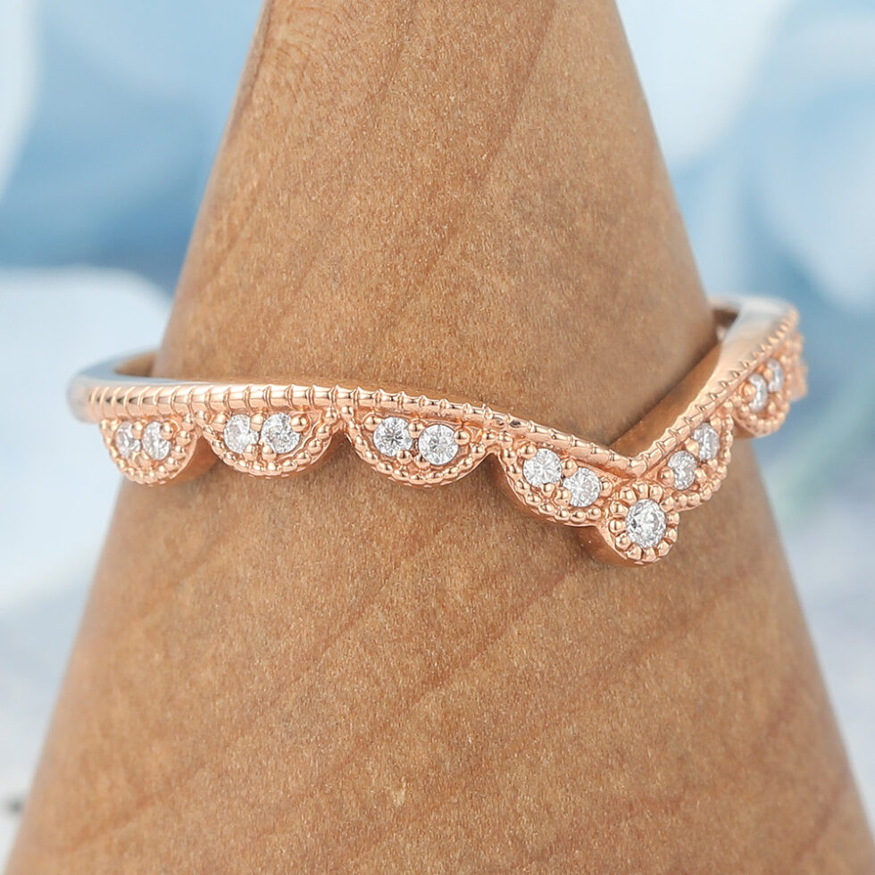 Moissanite Curved Wedding Band with Beaded Edges