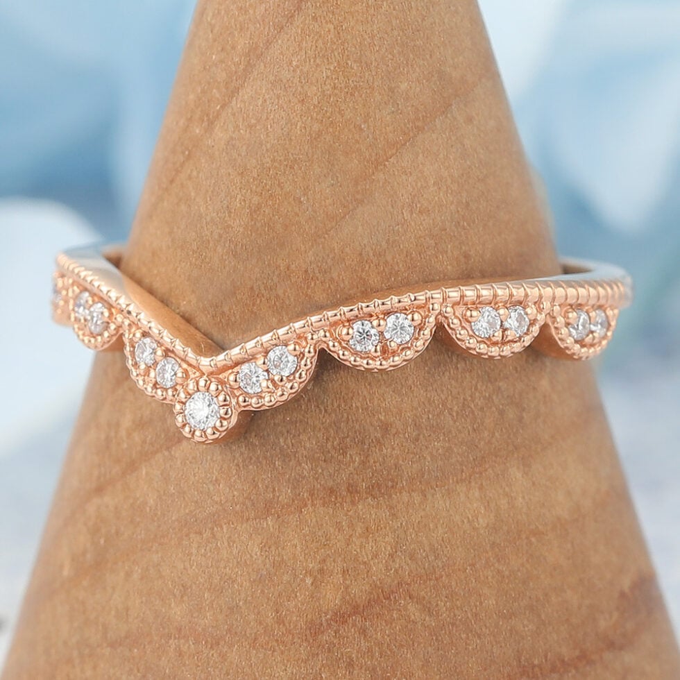 Moissanite Curved Wedding Band with Beaded Edges