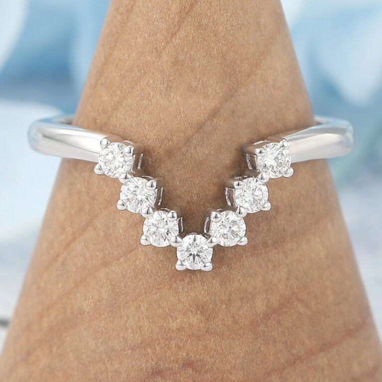 Moissanite Curved Wedding Band V-Shaped Stacking Ring