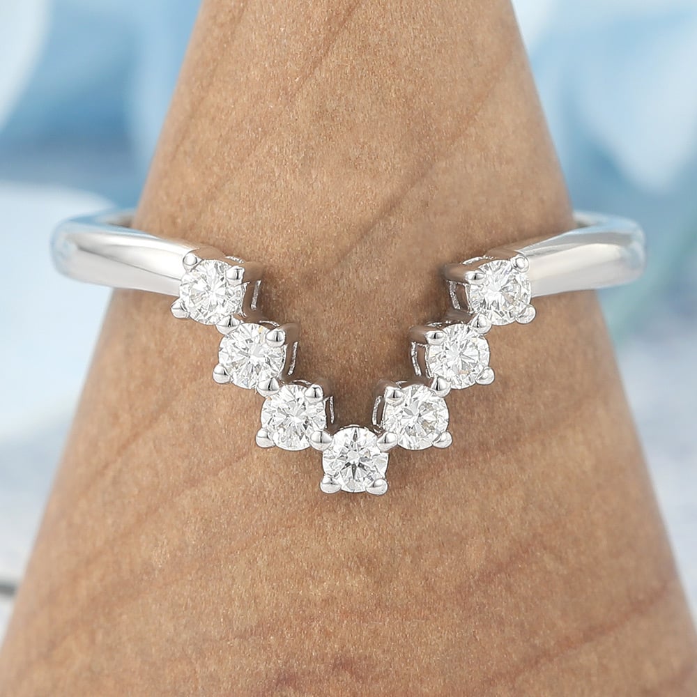 Moissanite Curved Wedding Band V-Shaped Stacking Ring