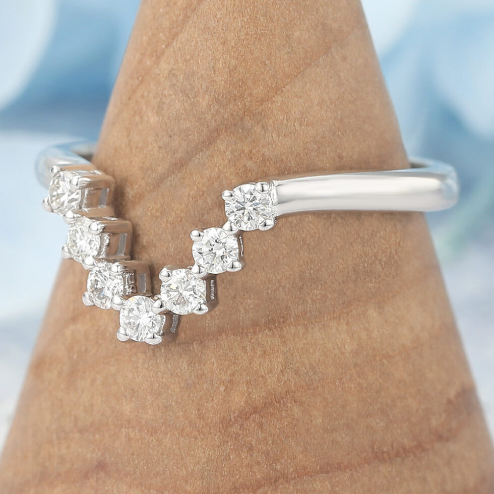 Moissanite Curved Wedding Band V-Shaped Stacking Ring