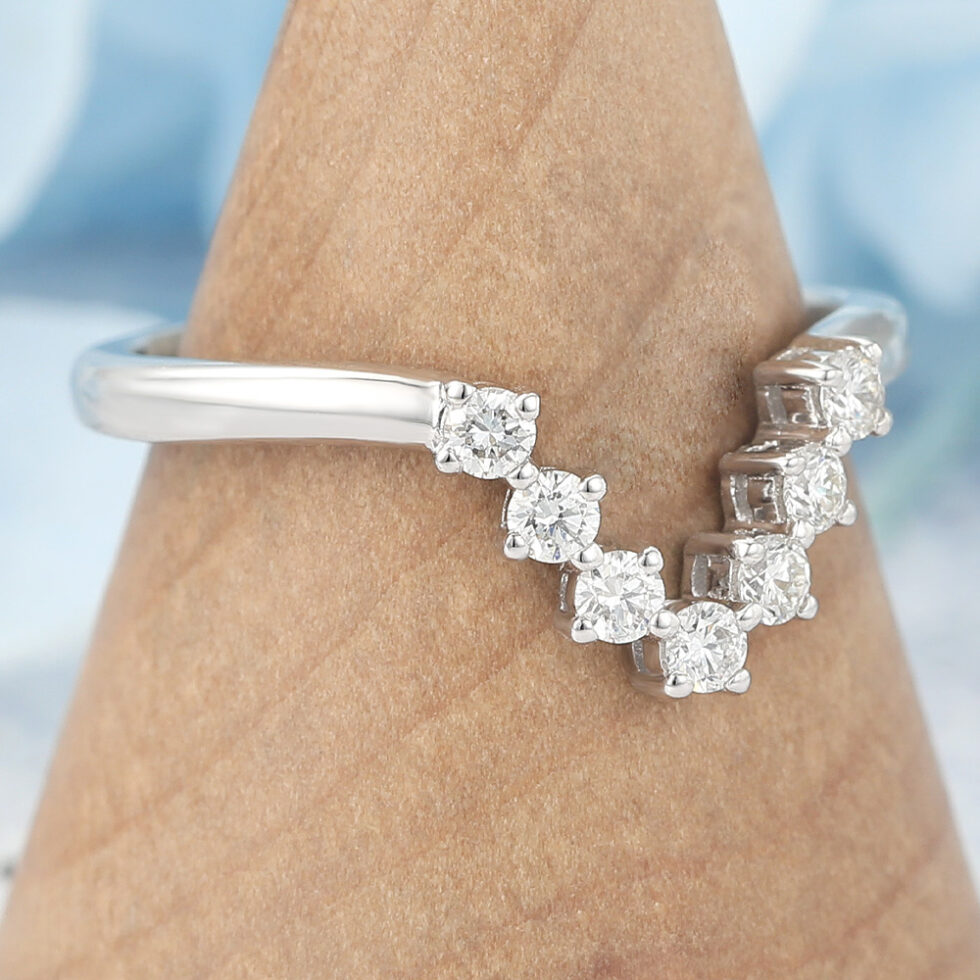 Moissanite Curved Wedding Band V-Shaped Stacking Ring