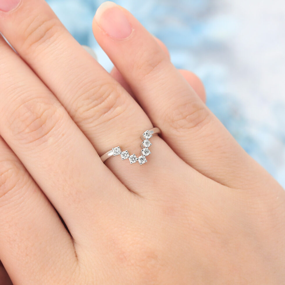 Moissanite Curved Wedding Band V-Shaped Stacking Ring