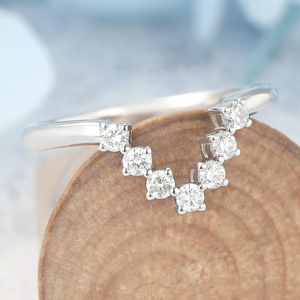 Moissanite Curved Wedding Band V-Shaped Stacking Ring