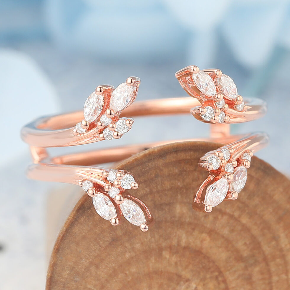 Double Wedding Band Open Curved Enhancer with Moissanite Cluster