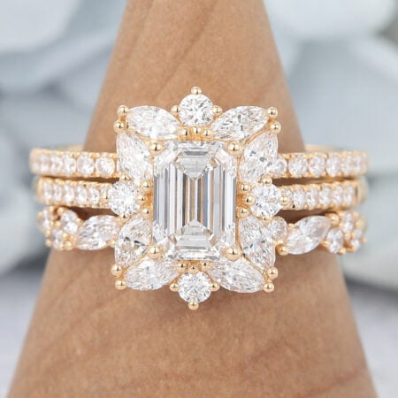 Emerald Cut Moissanite Engagement Ring Set Vintage 3PCS Bridal Set