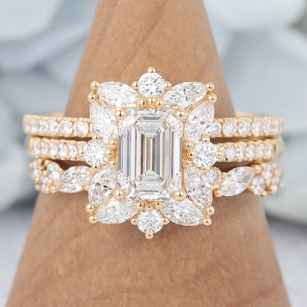 Emerald Cut Moissanite Engagement Ring Set Vintage 3PCS Bridal Set