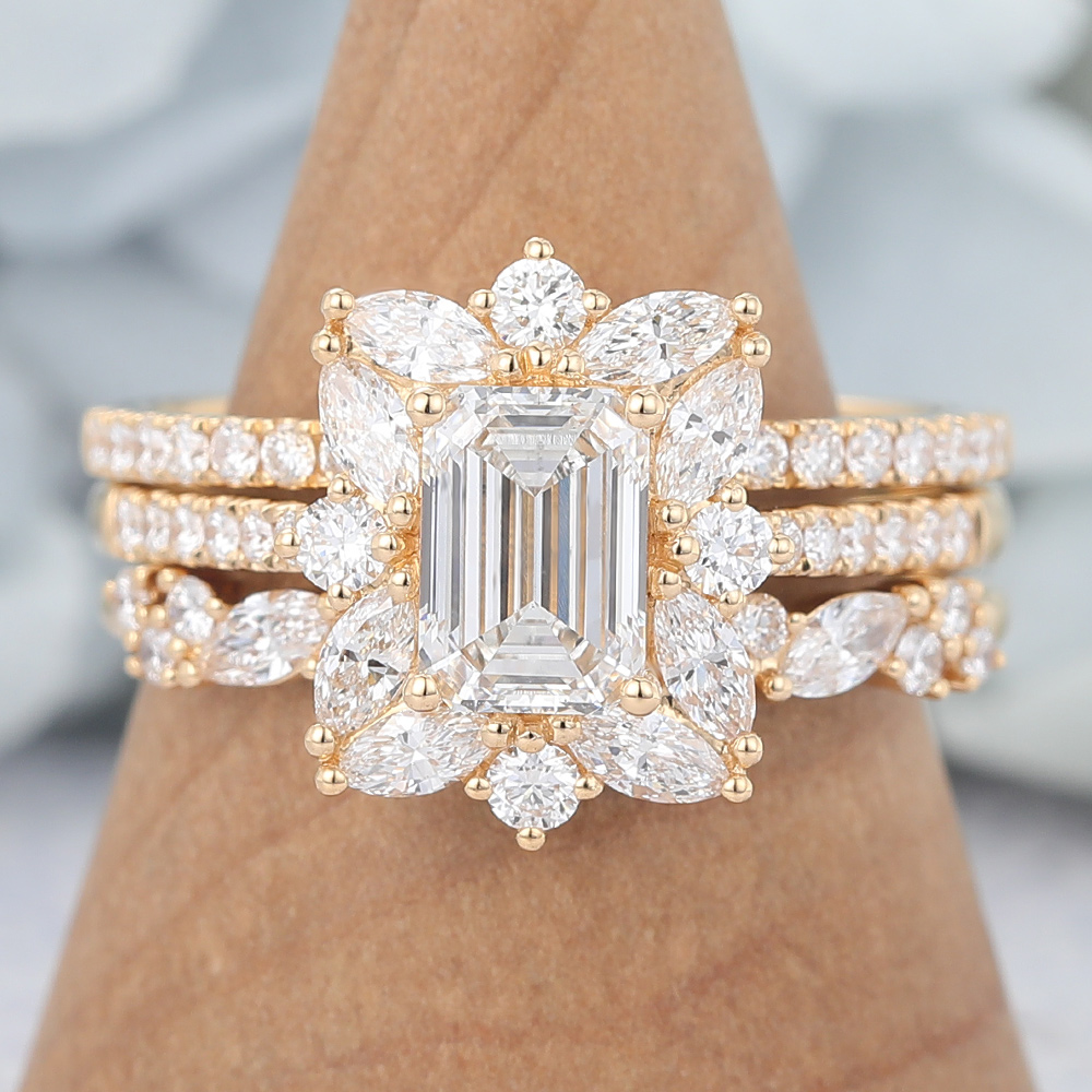 Emerald Cut Moissanite Engagement Ring Set Vintage 3PCS Bridal Set