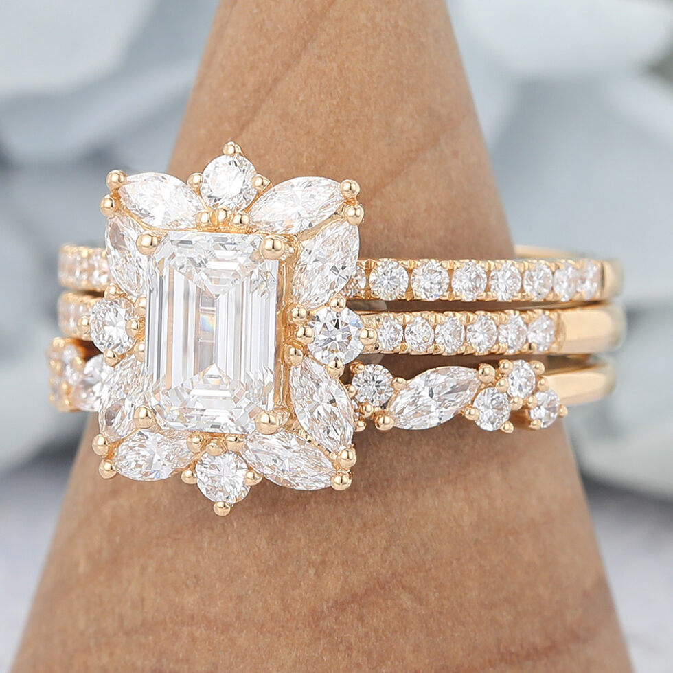 Emerald Cut Moissanite Engagement Ring Set Vintage 3PCS Bridal Set