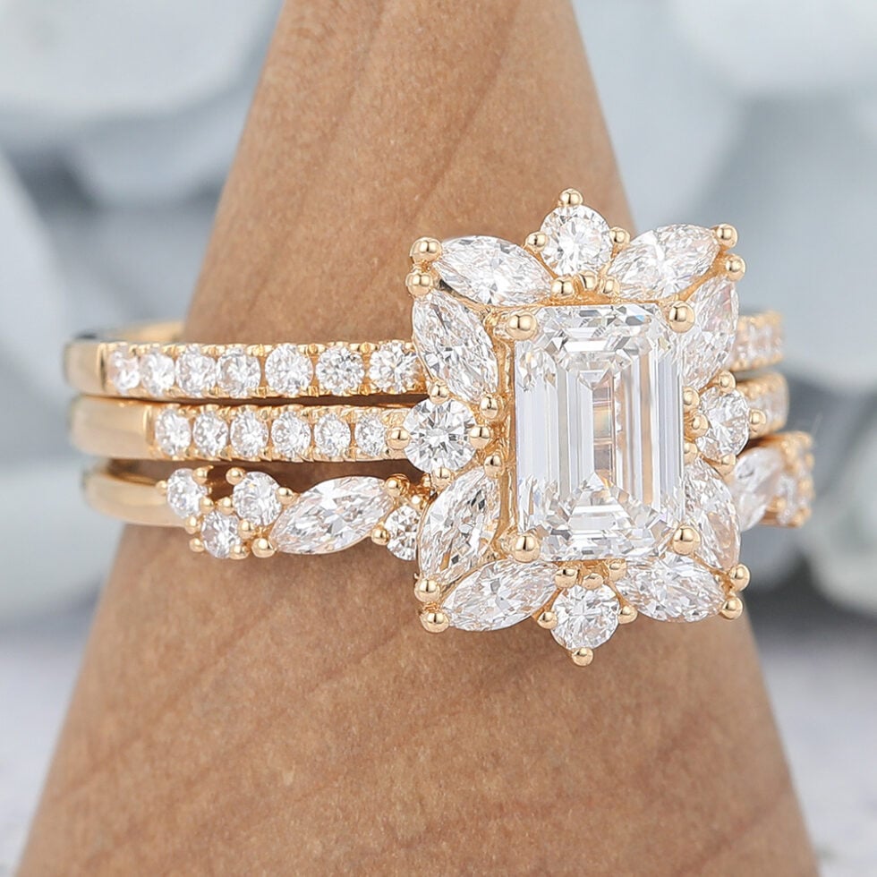 Emerald Cut Moissanite Engagement Ring Set Vintage 3PCS Bridal Set