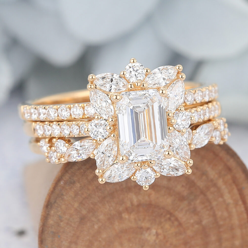 Emerald Cut Moissanite Engagement Ring Set Vintage 3PCS Bridal Set