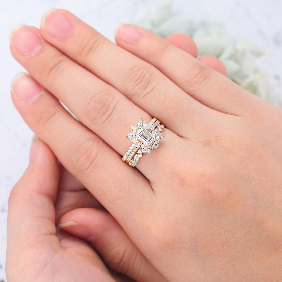 Emerald Cut Moissanite Engagement Ring Set Vintage 3PCS Bridal Set
