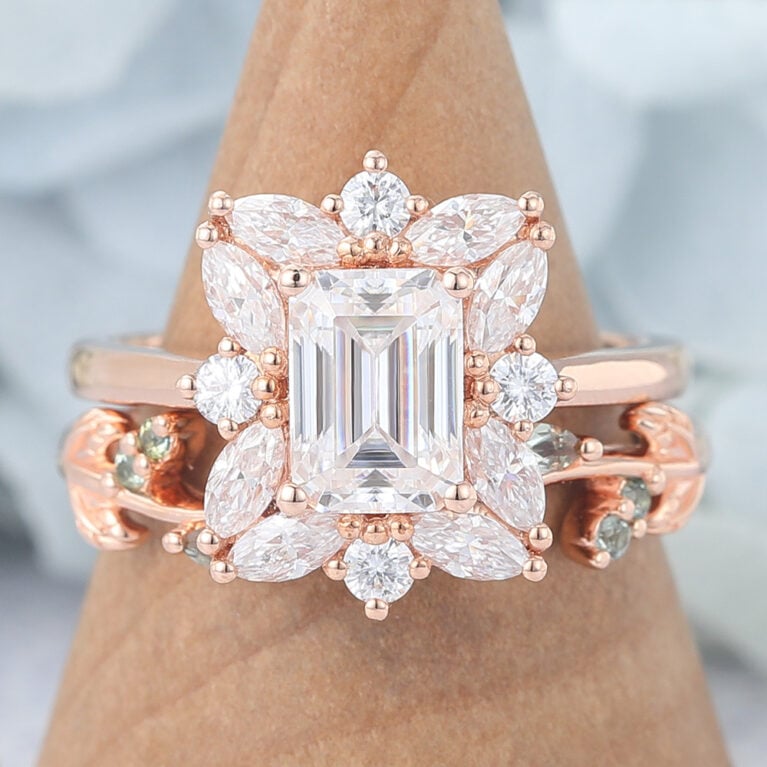 Emerald Cut Moissanite Engagement Ring Sets Vintage Bridal Ring
