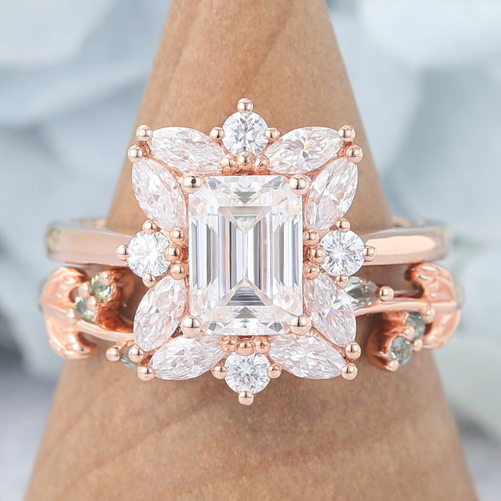 Emerald Cut Moissanite Engagement Ring Sets Vintage Bridal Ring