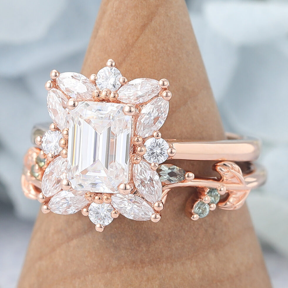 Emerald Cut Moissanite Engagement Ring Sets Vintage Bridal Ring