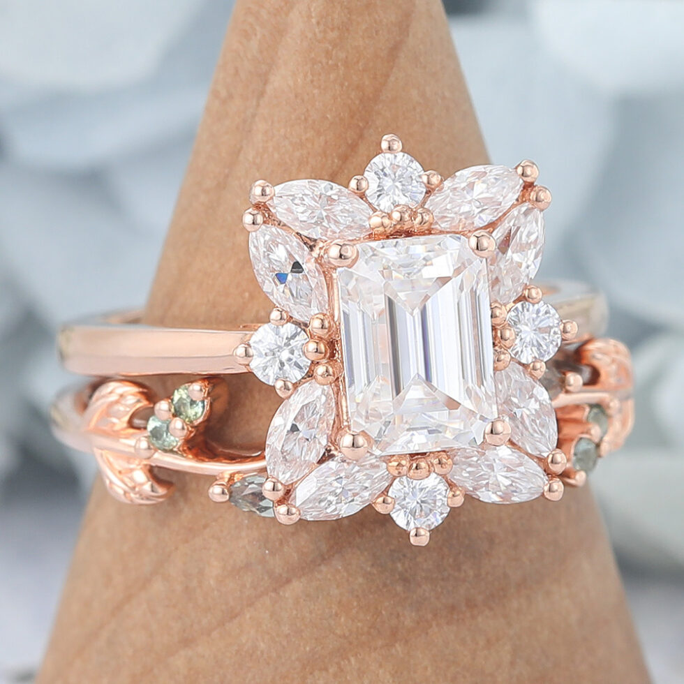 Emerald Cut Moissanite Engagement Ring Sets Vintage Bridal Ring