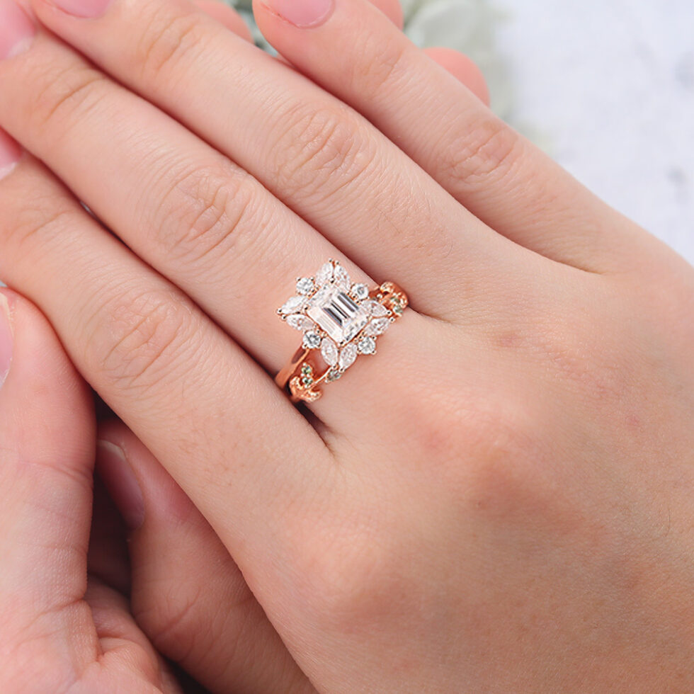 Emerald Cut Moissanite Engagement Ring Sets Vintage Bridal Ring
