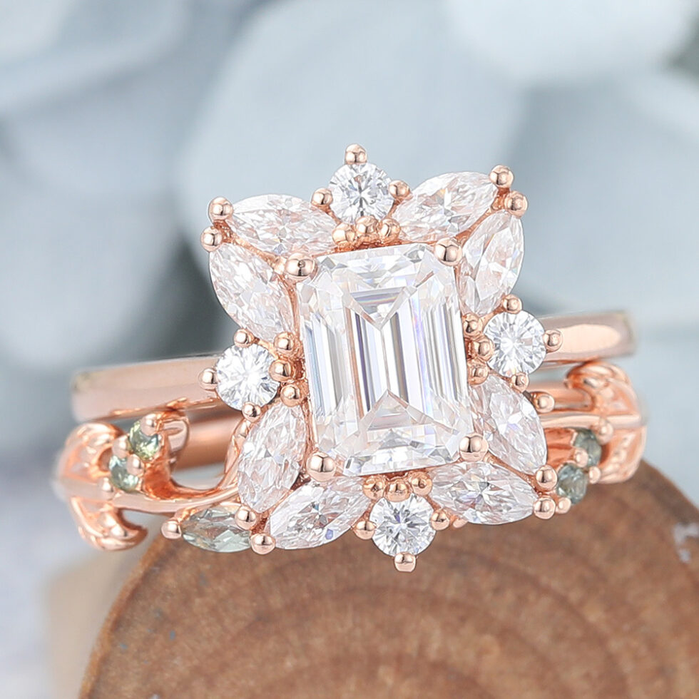 Emerald Cut Moissanite Engagement Ring Sets Vintage Bridal Ring