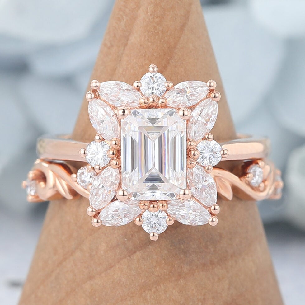 Emerald Cut Moissanite Wedding Sets Rose Gold Vintage Bridal Anniversary Ring