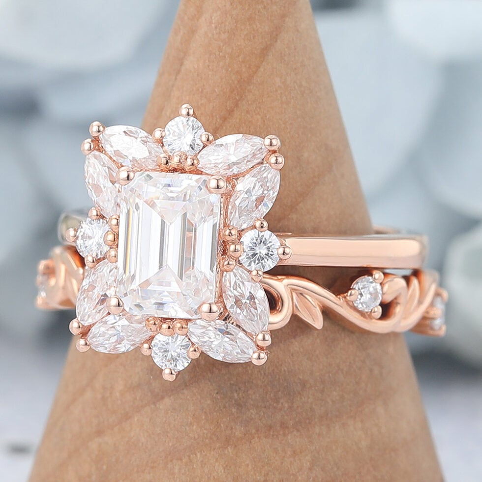 Emerald Cut Moissanite Wedding Sets Rose Gold Vintage Bridal Anniversary Ring