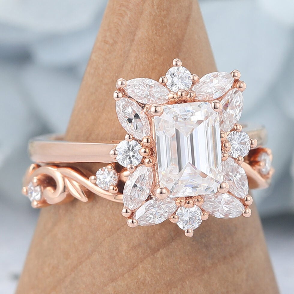 Emerald Cut Moissanite Wedding Sets Rose Gold Vintage Bridal Anniversary Ring