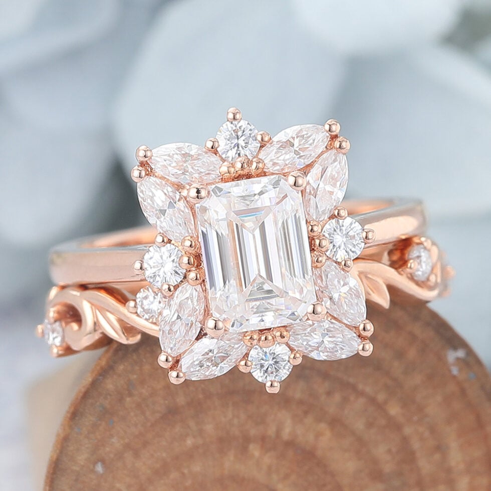 Emerald Cut Moissanite Wedding Sets Rose Gold Vintage Bridal Anniversary Ring