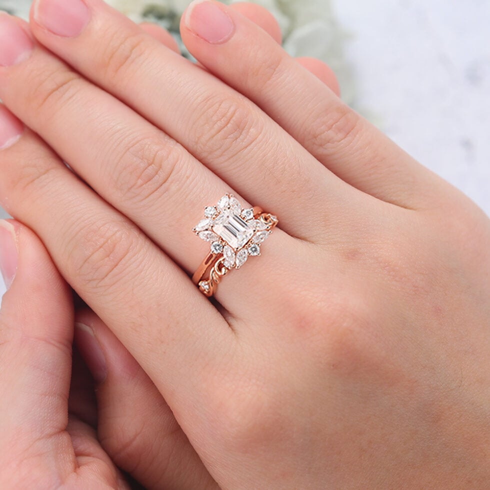 Emerald Cut Moissanite Wedding Sets Rose Gold Vintage Bridal Anniversary Ring