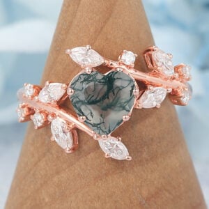 Heart Cut Moss Agate Engagement Ring Natural-Inspired Bypass Band