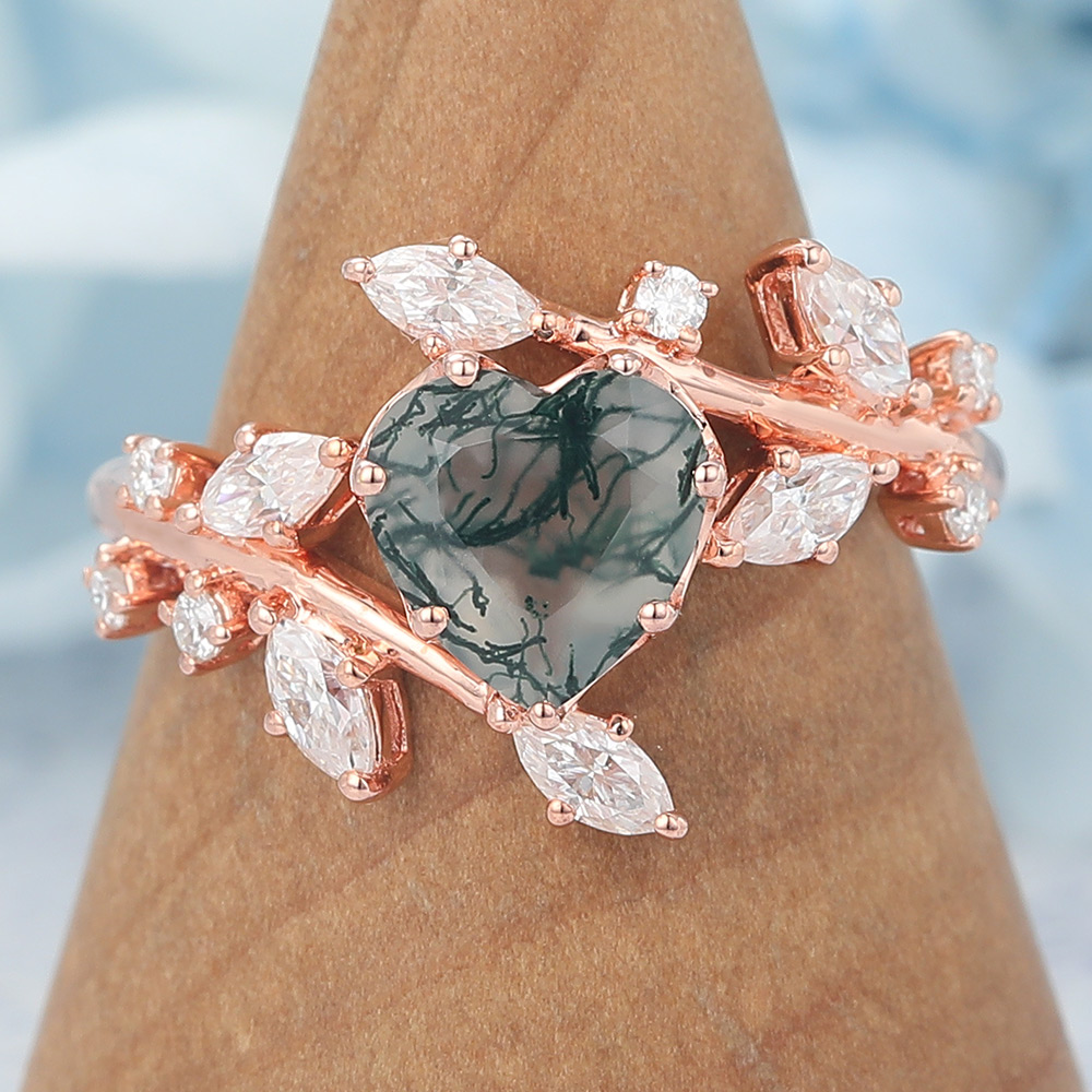 Heart Cut Moss Agate Engagement Ring Natural-Inspired Bypass Band